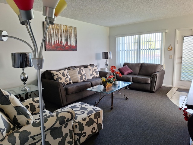 living room with carpet floors and a textured ceiling