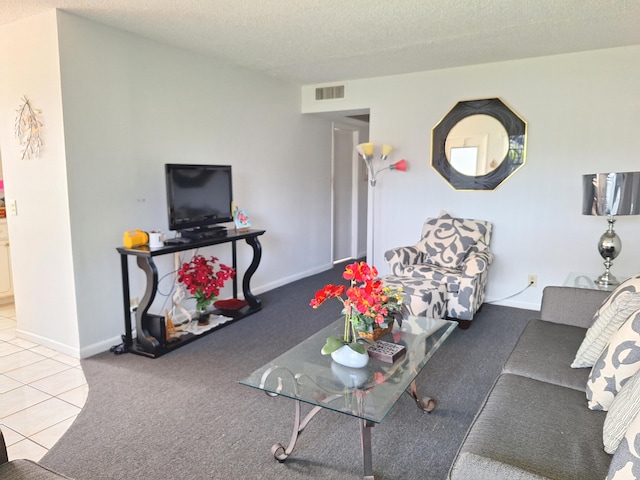 carpeted living room featuring a textured ceiling