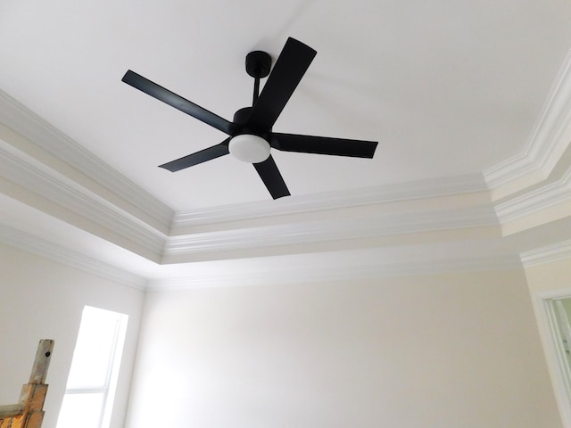 room details with ceiling fan and ornamental molding