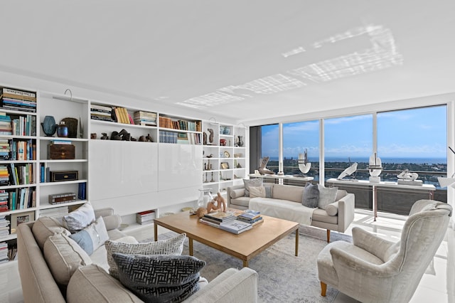 living room featuring a water view