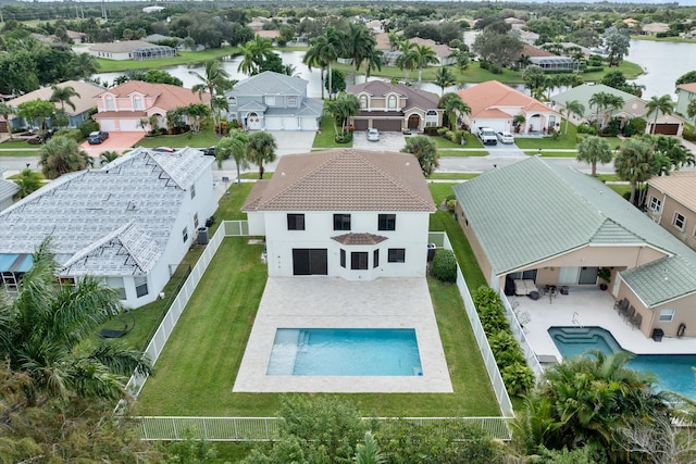 drone / aerial view with a water view