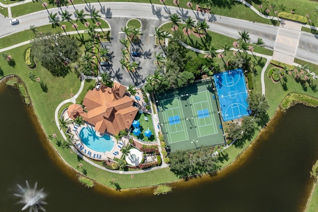 drone / aerial view featuring a water view