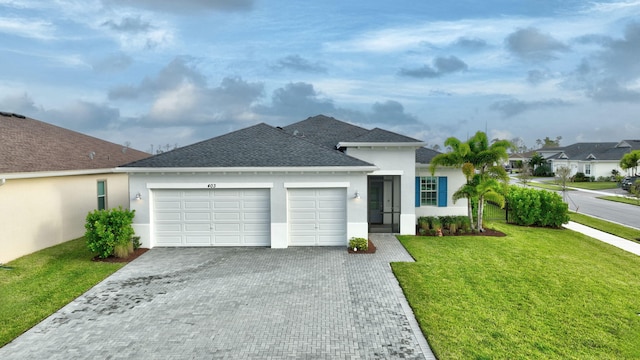 view of front of property featuring a garage and a front lawn