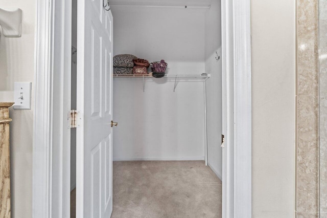 walk in closet with light carpet