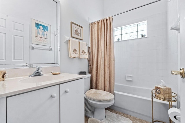 full bathroom with toilet, vanity, and shower / bath combination with curtain