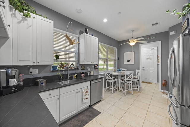 kitchen with white cabinetry, sink, ceiling fan, and stainless steel appliances