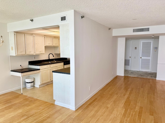 kitchen with light hardwood / wood-style floors, sink, and a textured ceiling