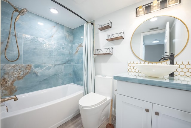 full bathroom with toilet, vanity, shower / bath combo, and hardwood / wood-style flooring