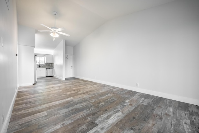 unfurnished living room with lofted ceiling, ceiling fan, and wood-type flooring