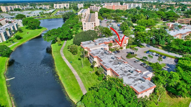 bird's eye view with a water view