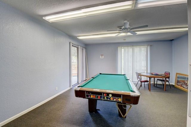 recreation room featuring ceiling fan, billiards, and carpet flooring