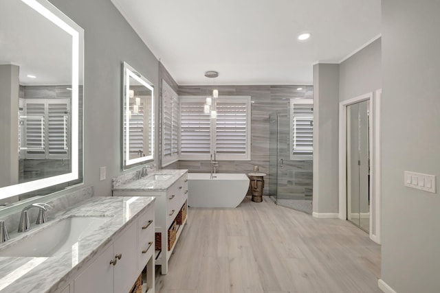 bathroom with separate shower and tub, hardwood / wood-style floors, and vanity