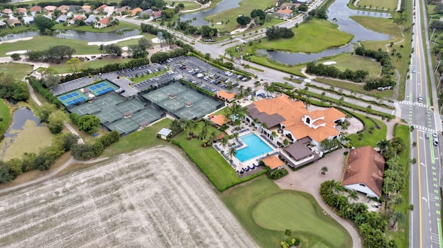 aerial view featuring a water view