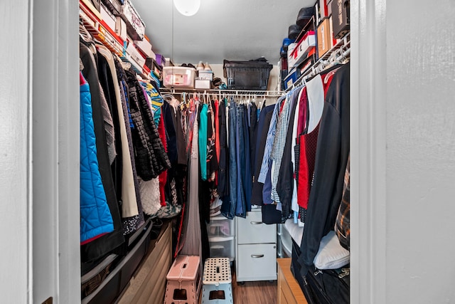 walk in closet with hardwood / wood-style flooring