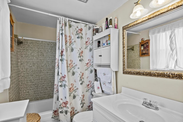 full bathroom with vanity, toilet, and shower / bath combination with curtain