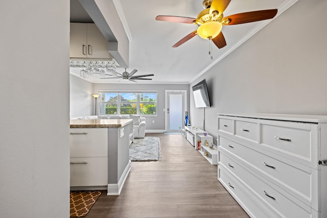 interior space featuring hardwood / wood-style flooring and ornamental molding