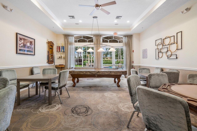 rec room featuring carpet, a raised ceiling, and pool table