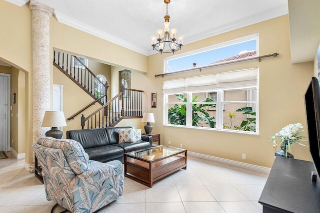 tiled living room with a textured ceiling, a towering ceiling, crown molding, and an inviting chandelier