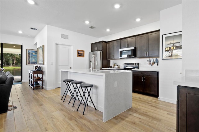 kitchen featuring light wood-type flooring, a kitchen bar, a center island with sink, and stainless steel appliances