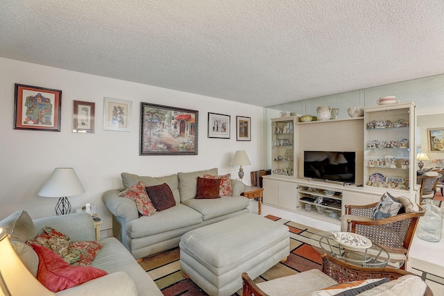 living room featuring a textured ceiling