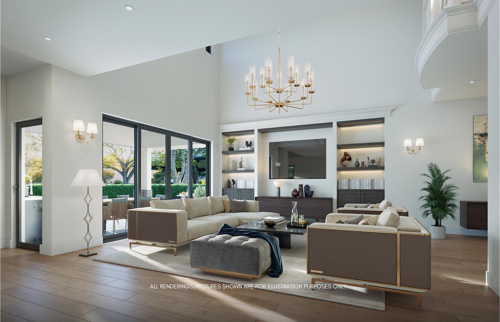 living room featuring hardwood / wood-style flooring, a chandelier, and a towering ceiling