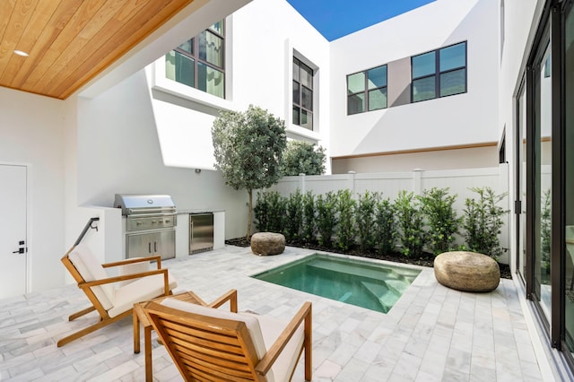 view of pool with area for grilling, exterior kitchen, and a patio