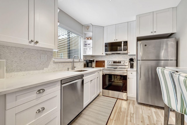 kitchen featuring sink, appliances with stainless steel finishes, tasteful backsplash, white cabinets, and light wood-type flooring