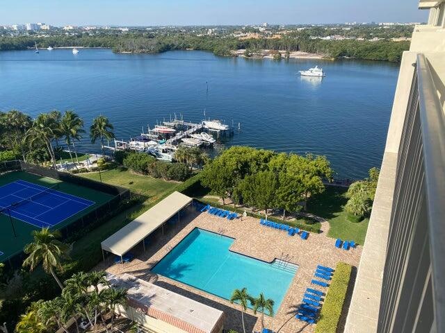 birds eye view of property featuring a water view