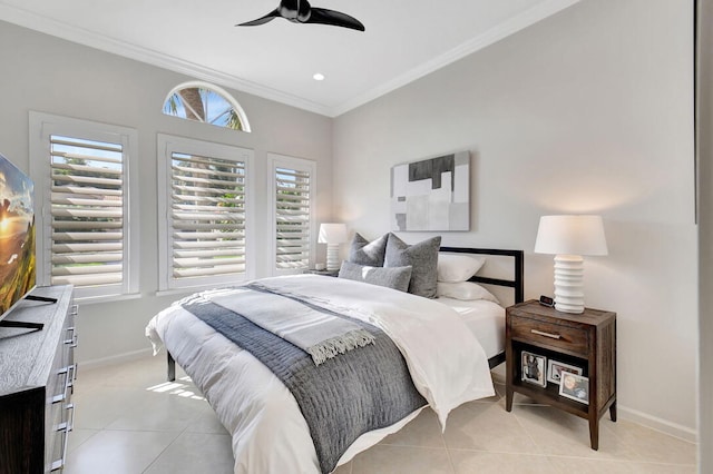 bedroom featuring ceiling fan, ornamental molding, and light tile patterned flooring