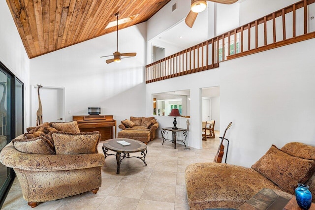 living room with ceiling fan, high vaulted ceiling, and wooden ceiling