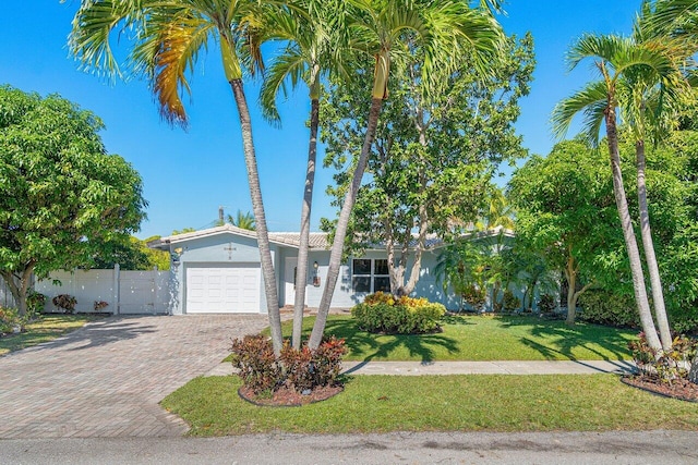 ranch-style home with a front yard and a garage