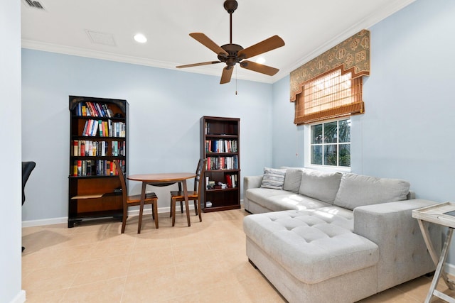 living room featuring light tile patterned flooring, ceiling fan, and crown molding