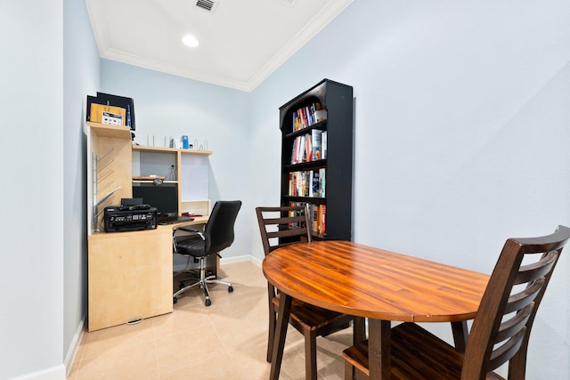 office space with ornamental molding and light tile patterned flooring