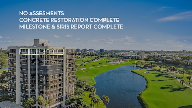 aerial view featuring a water view, a view of city, and golf course view