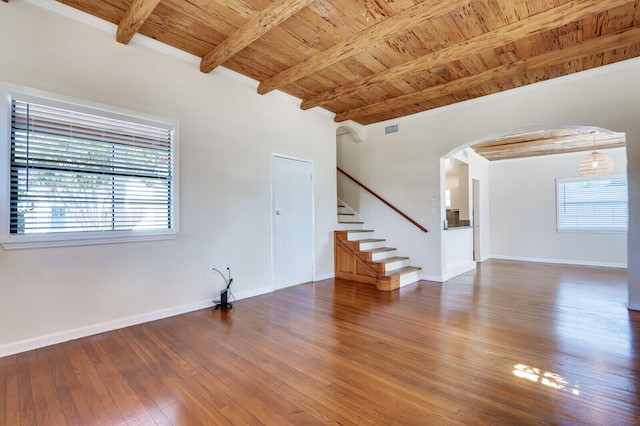 spare room with dark hardwood / wood-style flooring, wooden ceiling, and beam ceiling