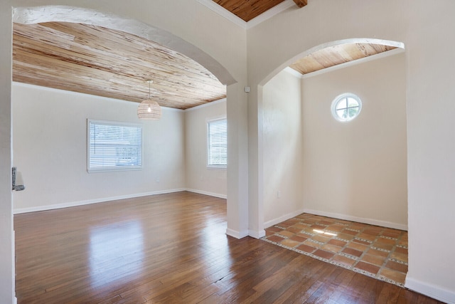 empty room featuring beam ceiling, wood ceiling, and dark wood-type flooring