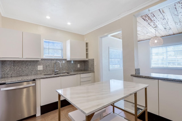 kitchen featuring dishwasher, pendant lighting, backsplash, white cabinetry, and sink