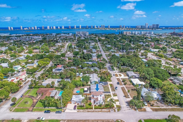 aerial view featuring a water view