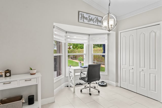 office space with light tile patterned floors, crown molding, and an inviting chandelier