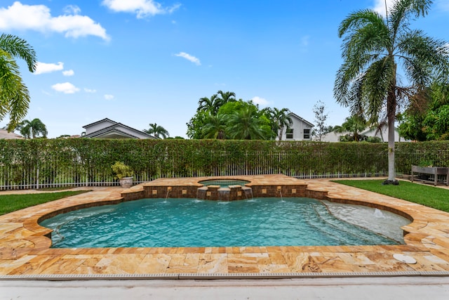 view of pool featuring a patio area, an in ground hot tub, outdoor lounge area, and pool water feature