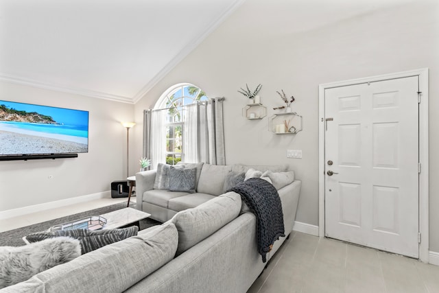 living room with vaulted ceiling and ornamental molding