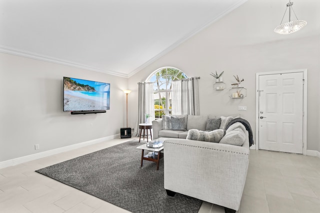 tiled living room with vaulted ceiling and ornamental molding