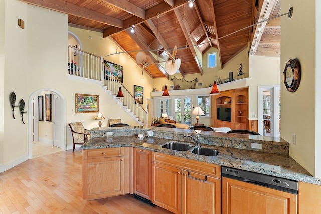 kitchen featuring dishwasher, high vaulted ceiling, sink, dark stone countertops, and wood ceiling