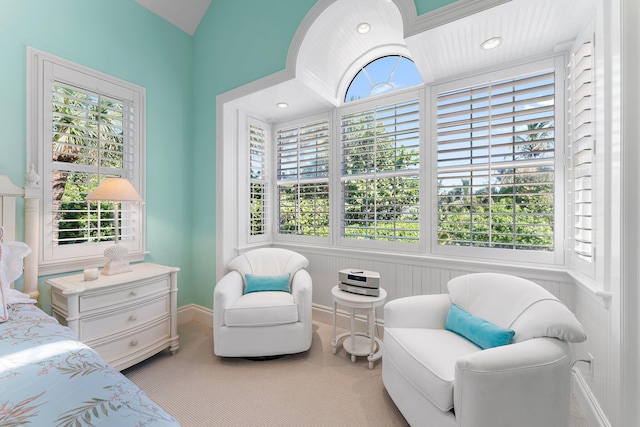 carpeted bedroom with lofted ceiling and multiple windows