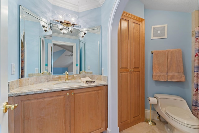 bathroom featuring a textured ceiling, vanity, crown molding, tile patterned flooring, and toilet