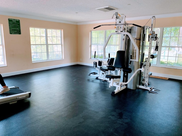 exercise room featuring crown molding and a textured ceiling