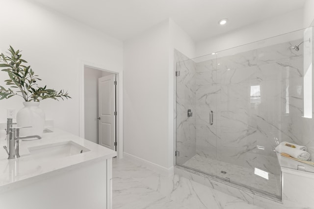 950 SW Prairie Ave, Palm City, FL 34990 - bathroom with a sink, a marble finish shower, baseboards, marble finish flooring, and recessed lighting