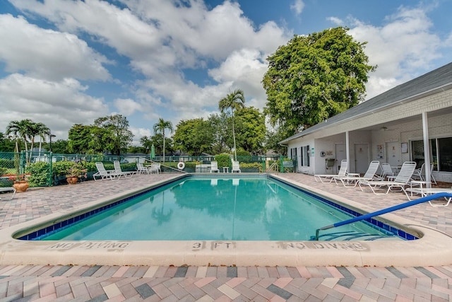 view of swimming pool featuring a patio area and ceiling fan