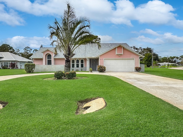 ranch-style house with a garage and a front lawn