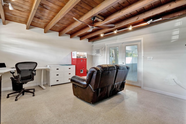 living area with wood ceiling, french doors, ceiling fan, beamed ceiling, and baseboards